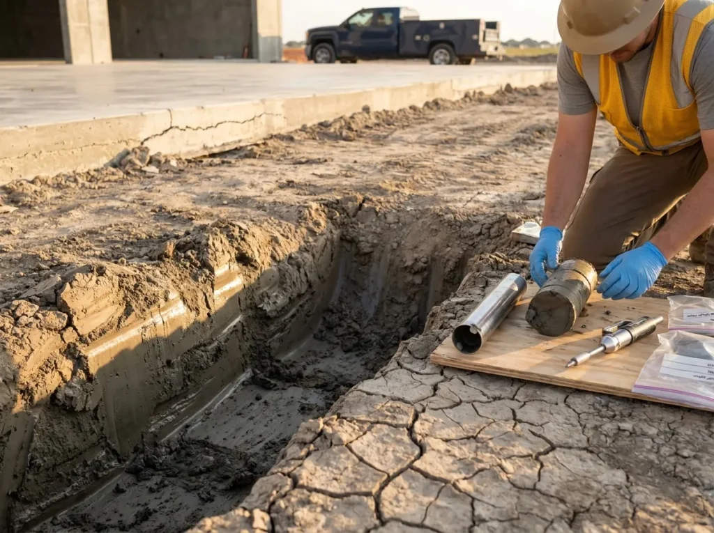 Expansive clay soil conditions at Texas commercial site limiting polyurethane grouting performance, geotechnical sampling in progress