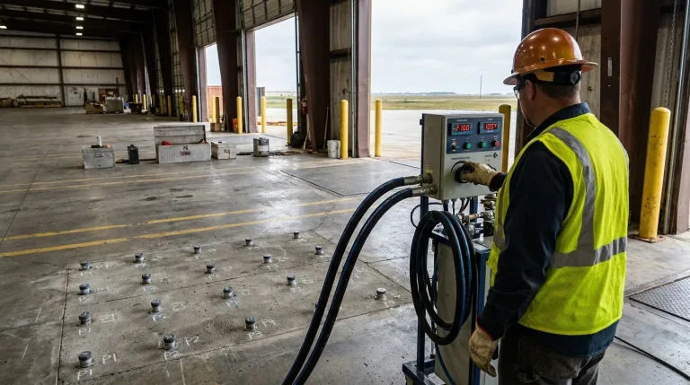 Polyurethane grouting limitations assessed at industrial injection site with crew monitoring pressure gauges on concrete slab