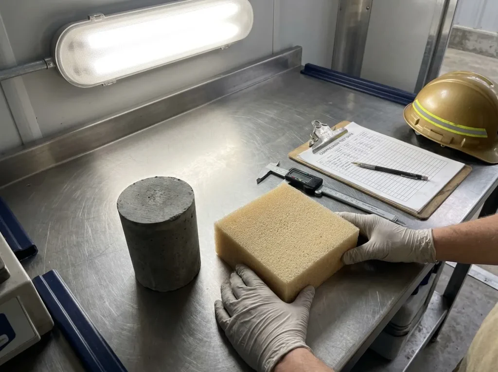 Cured polyurethane foam sample beside cementitious grout core showing compressive strength difference for grouting method selection