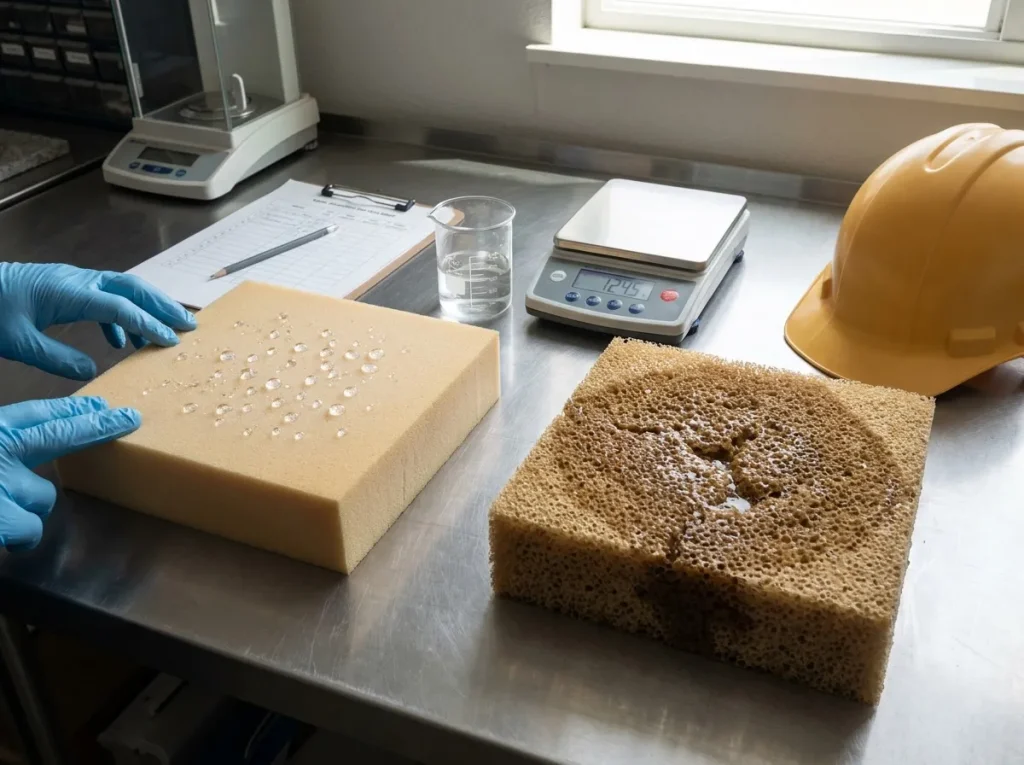 Closed-cell and open-cell polyurethane foam samples compared under water droplets showing waterproof cell structure difference