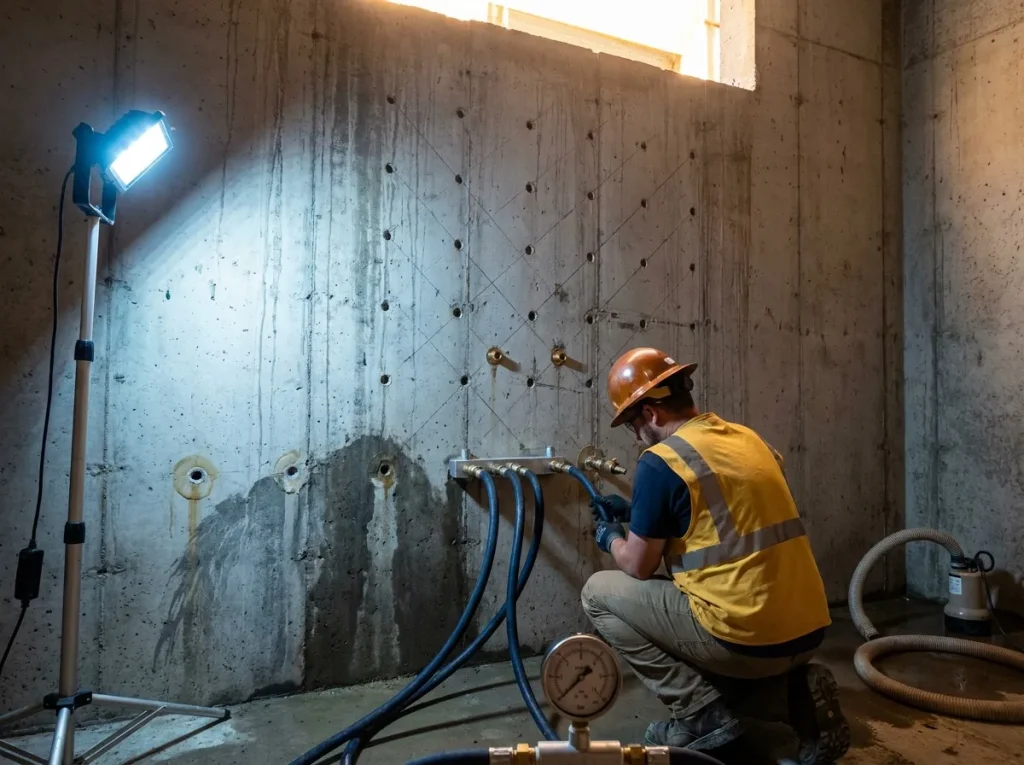 Curtain grouting with hydrophobic polyurethane resin behind below-grade concrete wall sealing groundwater at industrial facility