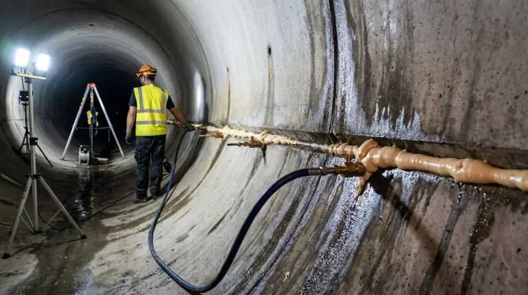 Waterproof closed-cell polyurethane foam injection sealing water infiltration at concrete tunnel joint during stabilization work