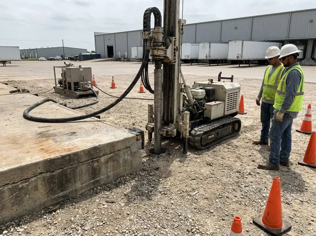 Compaction grouting drill rig working next to a settled concrete loading area at a commercial distribution center
