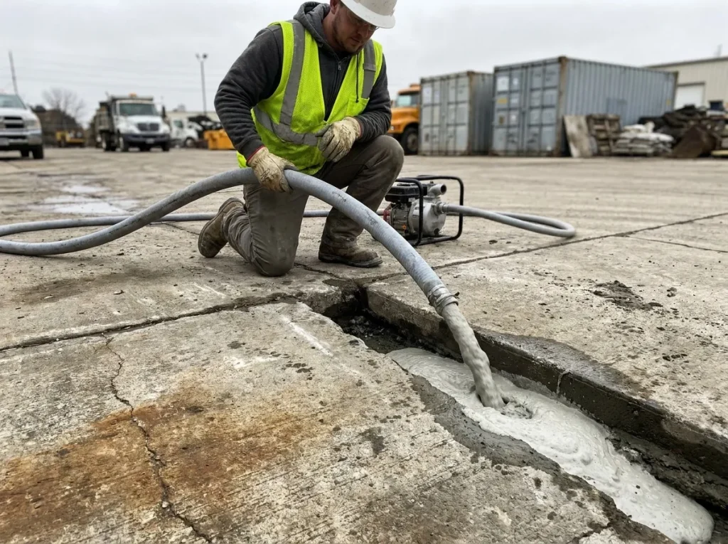Technician placing lightweight cellular grout into a large void beneath a concrete pavement slab at a public works yard