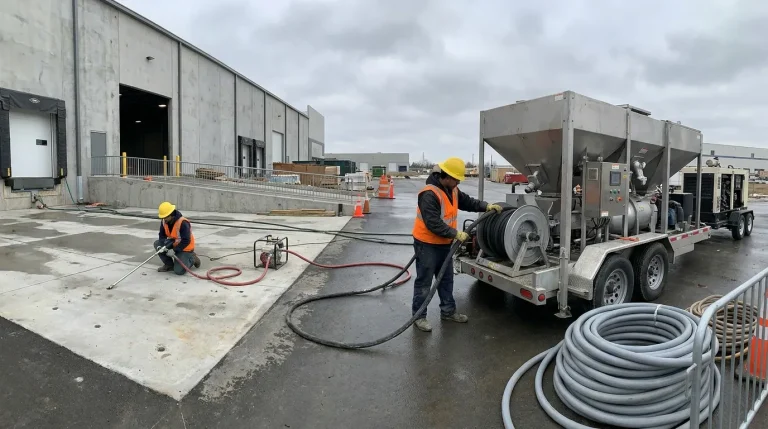 Grouting crew working beside a cellular grout mixing rig and a polyurethane injection hose at an industrial facility