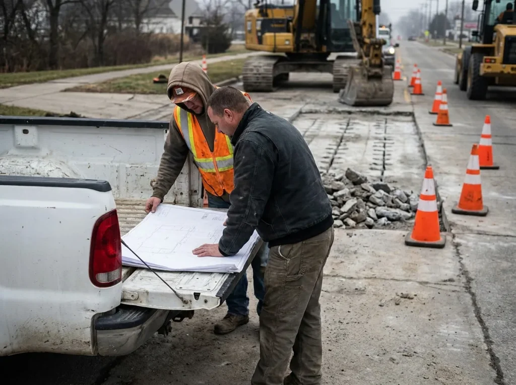 Engineer and contractor reviewing plan sheets on the tailgate of a work truck beside a municipal roadway repair