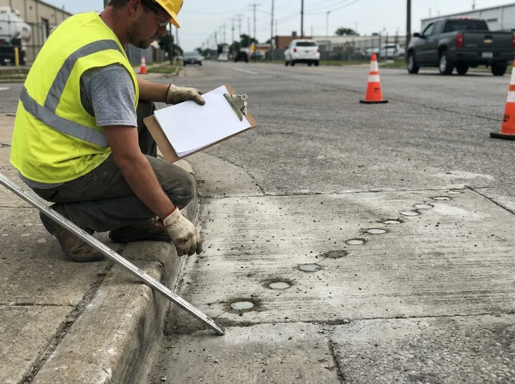 Inspector holding a blank clipboard beside a patched injection hole on a repaired concrete roadway panel
