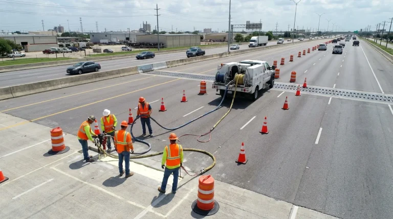 Crew injecting polyurethane under a settled bridge approach slab during a daytime lane closure on a highway