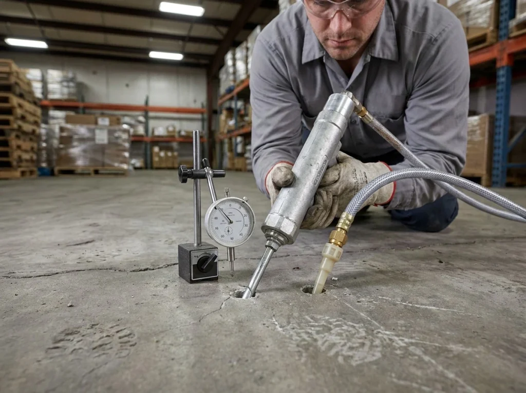 Technician watching a dial indicator on a warehouse slab while polyurethane foam is injected through a small drilled port