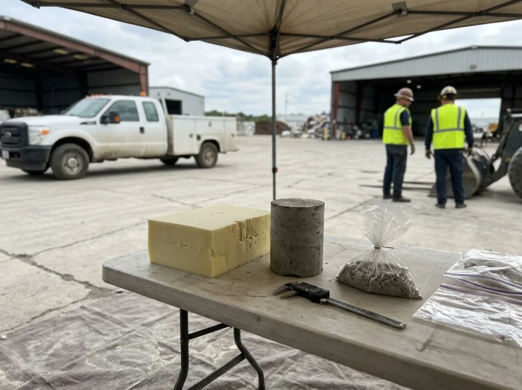 Cut sample of high-density polyurethane foam next to a concrete core on a field testing table at an industrial job site