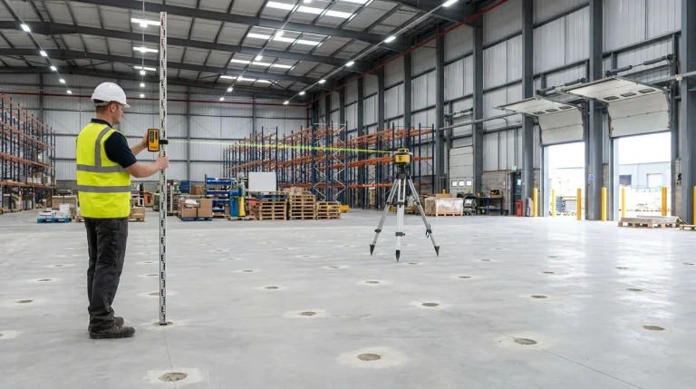 Surveyor checking slab elevation with a laser level after polyurethane lifting in a large distribution warehouse