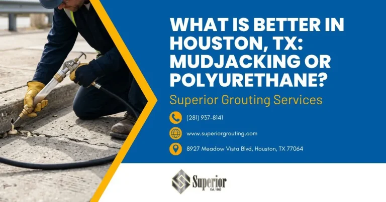Worker injecting concrete slab with polyurethane foam