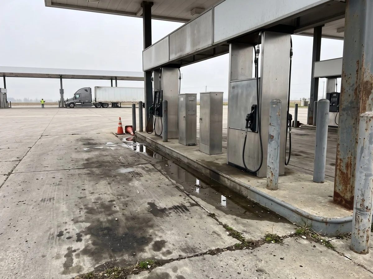 Settled fuel island slab with standing water along the curb at a truck stop