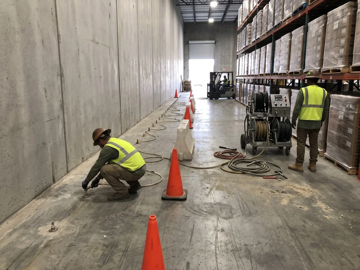 Technician injecting polyurethane through injection ports along a warehouse pour strip