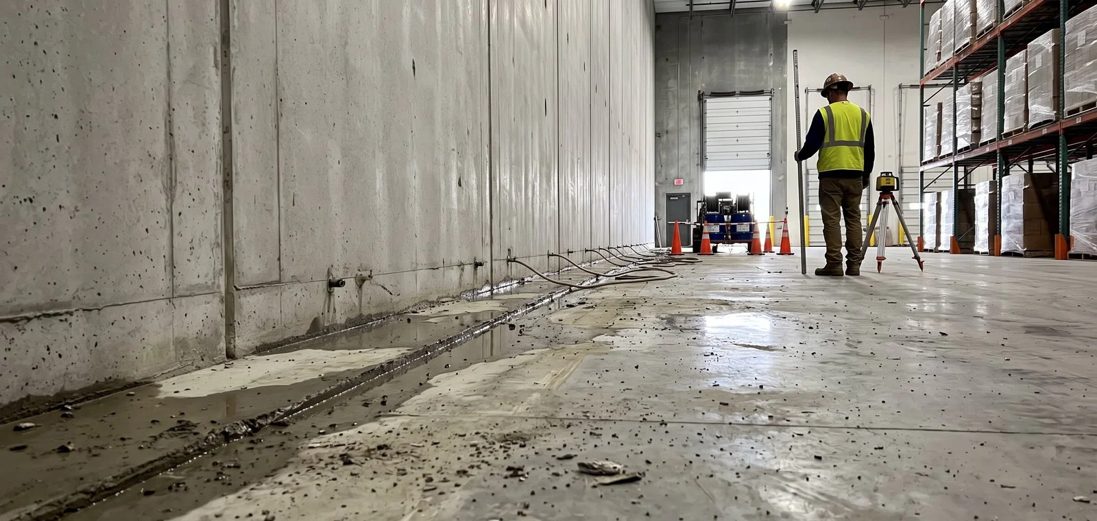 Technician surveying a settled pour strip along tilt-wall panels in a warehouse