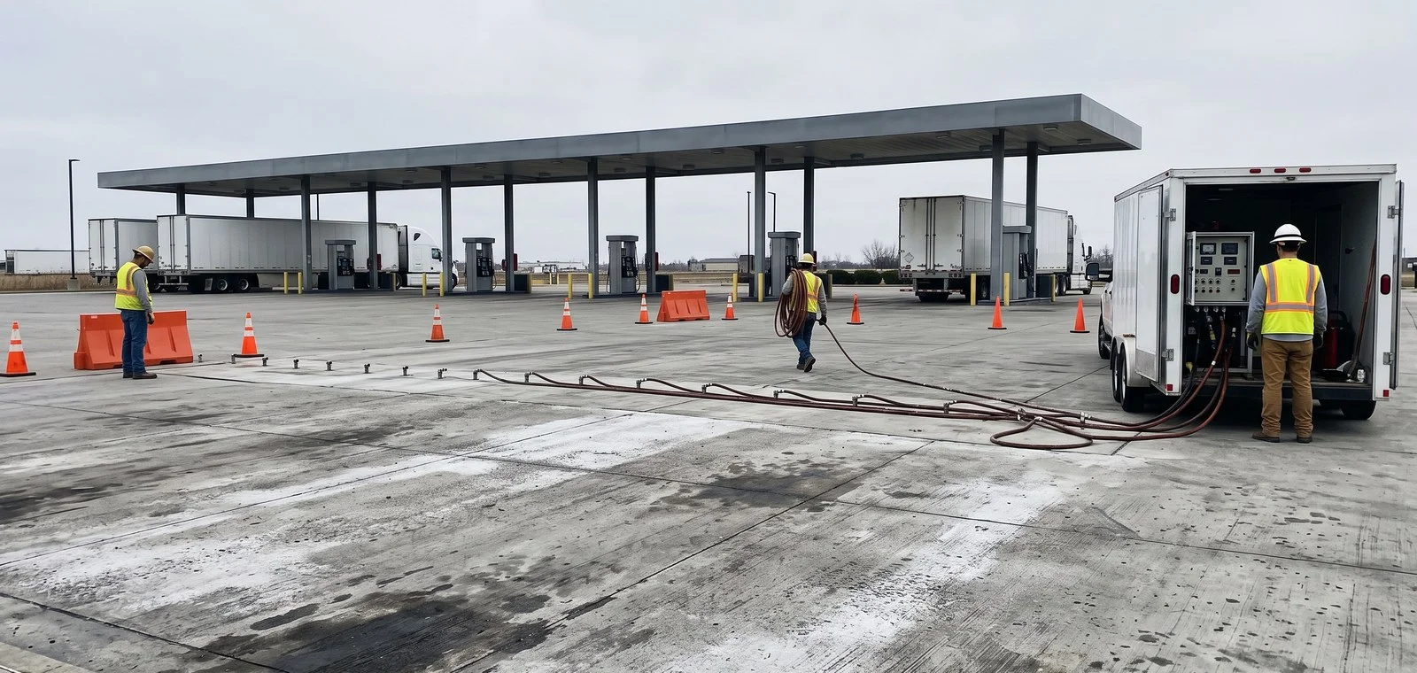 Crew injecting polyurethane across a barricaded truck stop fueling lane