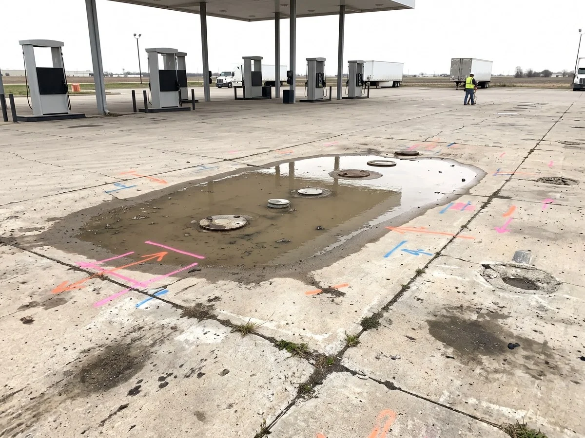 Standing water over settled tank field manways with utility locate marks