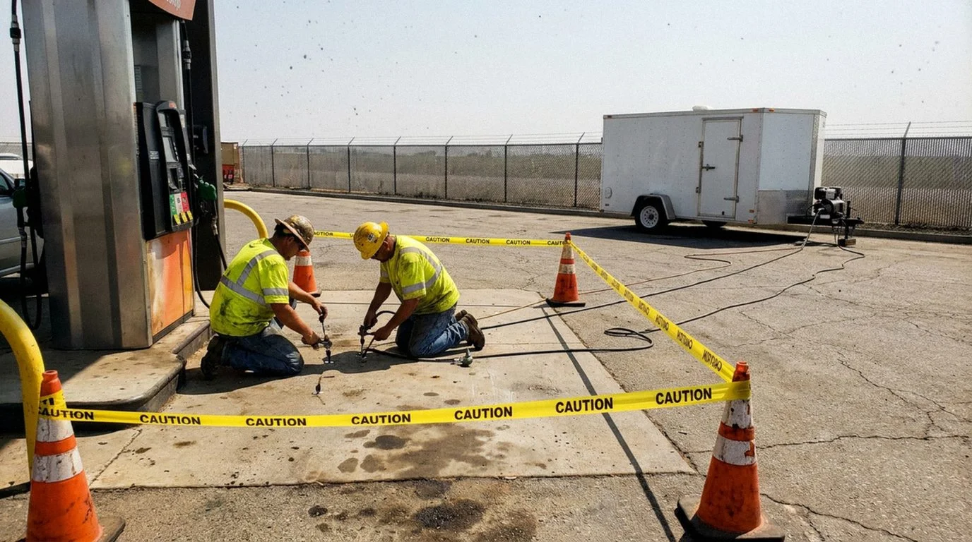 Technician injecting polyurethane near a fuel dispenser with locate marks and barricades