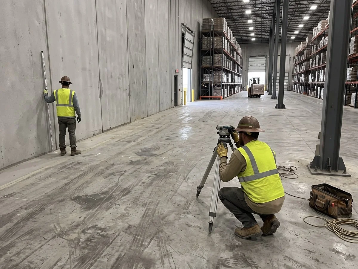Crew surveying tilt-wall panel base and floor slab elevation separately